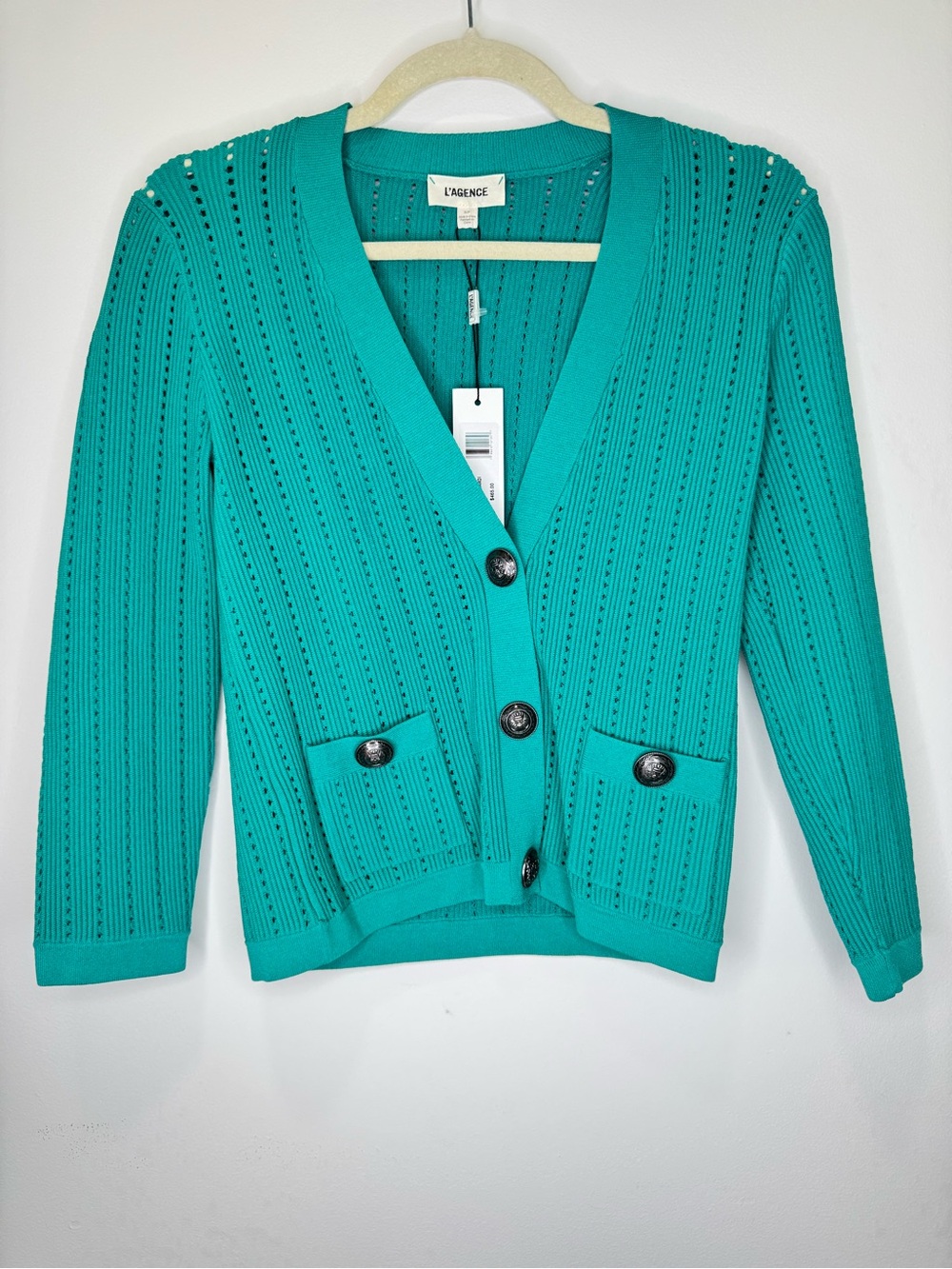 NWT ✨L'AGENCE Teal Ribbed V-Neck Button Cardigan Irvin Pointelle Sz Small $465 - Picture 3 of 8
